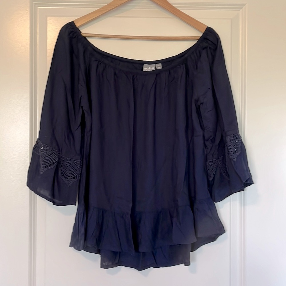 New York and Company Midnight Blue Swing Top with Lacey Bell Sleeves